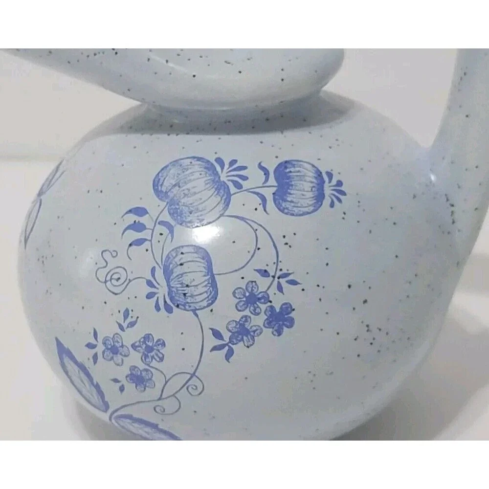 Unusual Pitcher Creamer Honey Pot Blue Speckled W Pumpkins Flowers Marked MPS 6